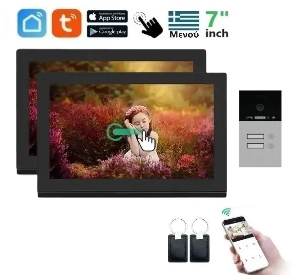 Σετ θυροτηλεόρασης Joytimer 4 καλωδίων με οθόνη Wi-Fi TUYA Smartlife APP 2x BLACK IC CARD HD 7