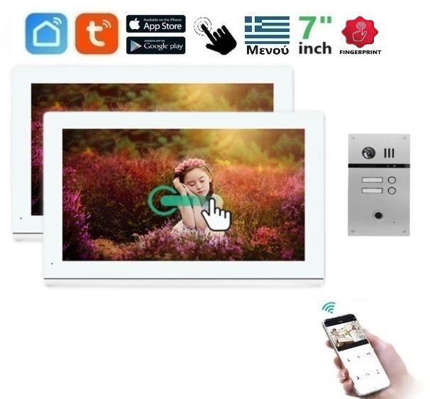 Φωτογραφία από Σετ θυροτηλεόρασης Joytimer 4 καλωδίων με οθόνη Wi-Fi TUYA Smartlife APP 2x WHITE FINGERPRINT HD 7