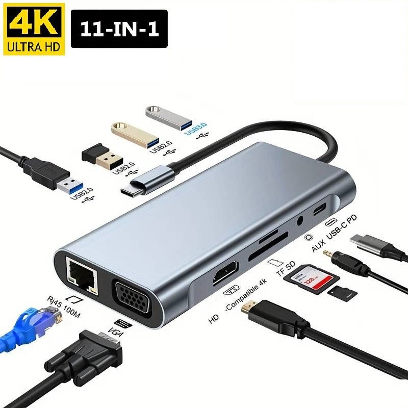 Φωτογραφία από 11 In 1 docking USB/USB Type C Hub, With 4 USB Ports, 1 USB C Port, TF/SD Card Reader, 4K HDMI, VGA 3.5 Audio Output Γκρι